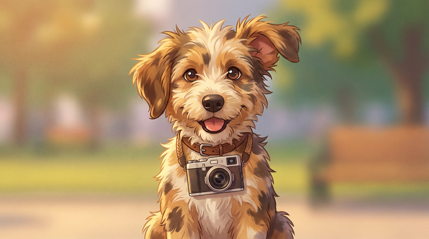 Smiling puppy with a camera around its neck